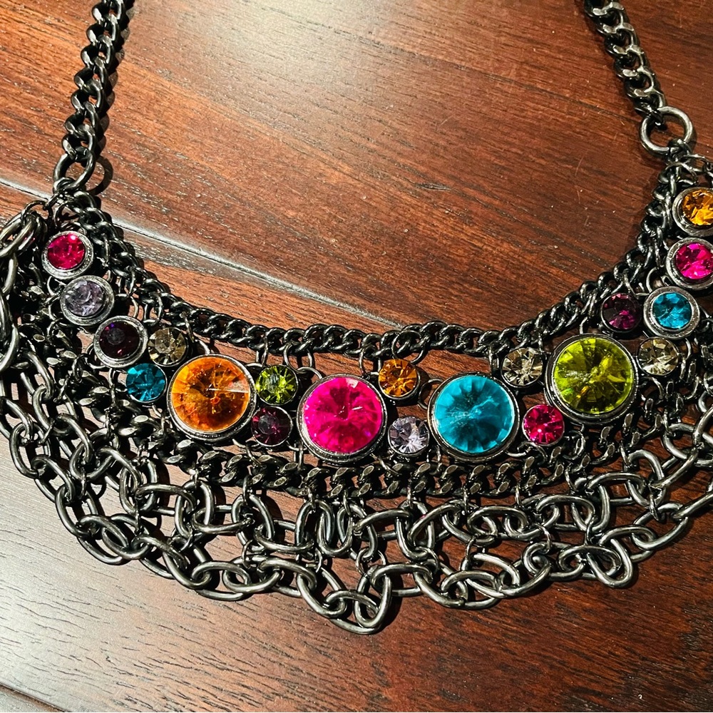 Pewter and multiple colored gem bib statement necklace - Picture 2 of 3